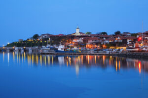 The harbor of the old town of Nessebar at night, Bulgaria